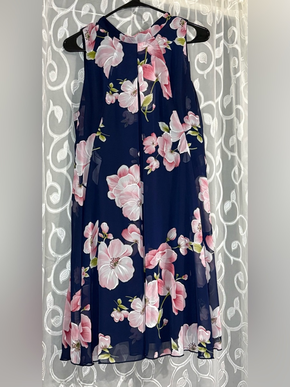Robbie Bee Navy & Pink Floral Chiffon Sleeveless Dress Size 14P Petite